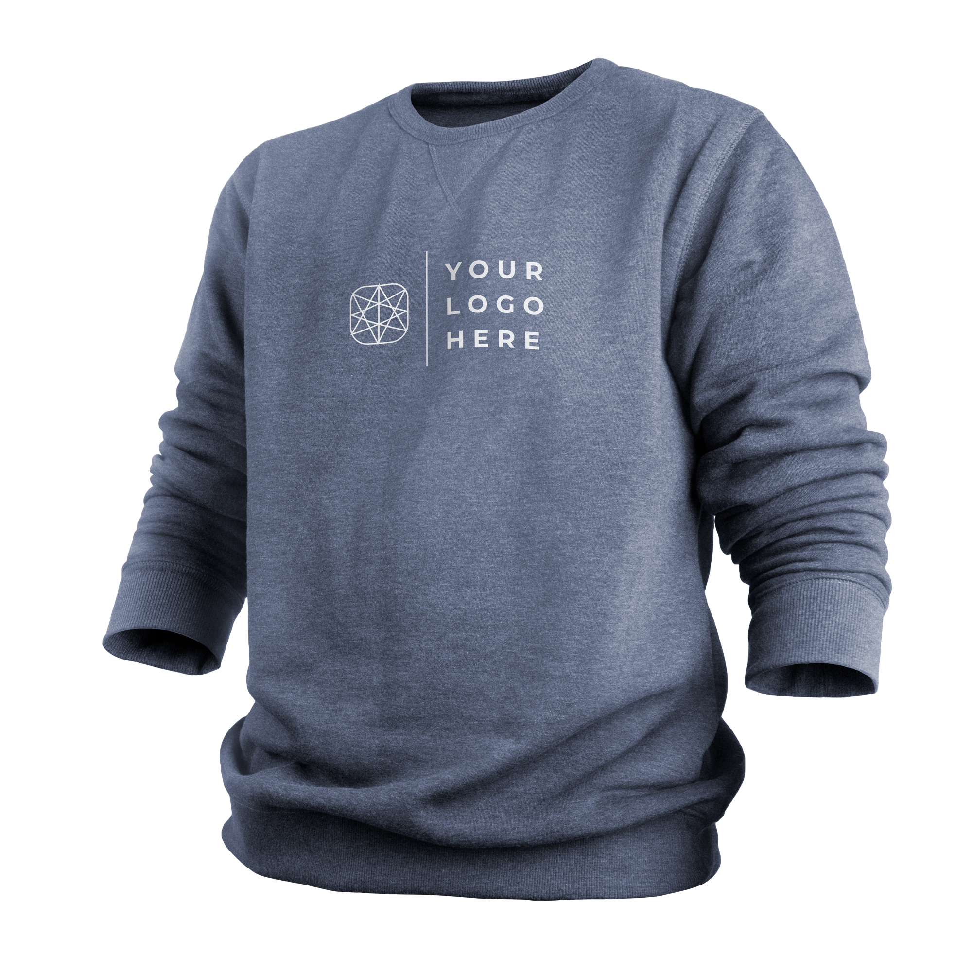 Blauer Pullover mit Aufdruck "YOUR LOGO HERE" und Grafik den du selbst gestalten kannst