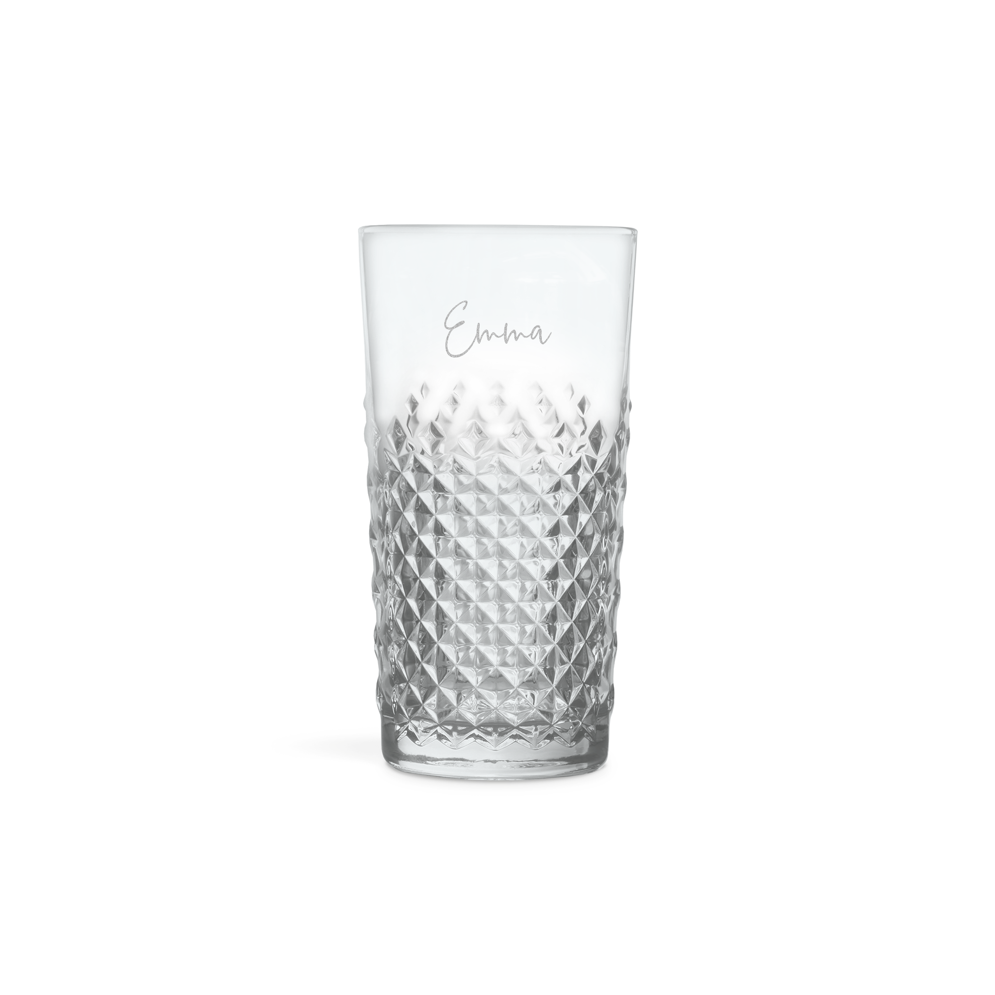 Gepersonaliseerd cocktailglas met diamantpatroon en de naam Emma, gegraveerd voor een heerlijke mojito.