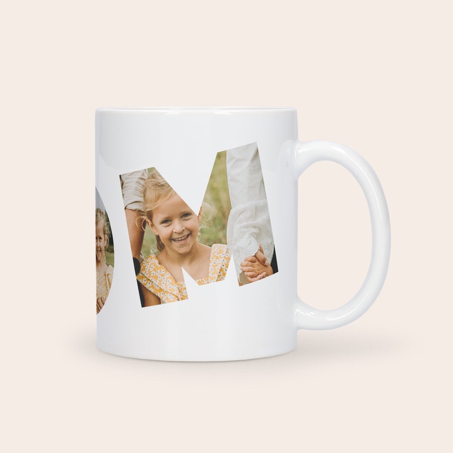 Den matek hrnek s fotografií Bílý hrnek s fotografií dětí a textem MOM, Den matek s fotografií
