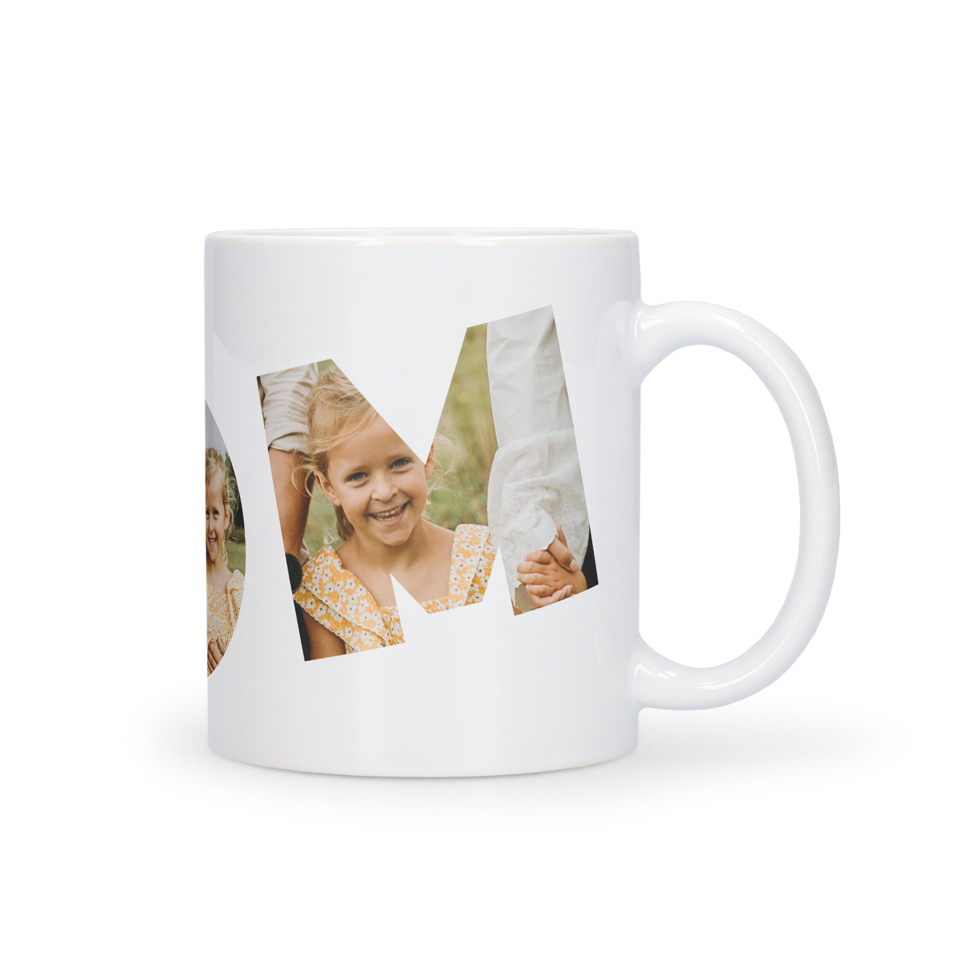 White ceramic Mothers Day mug with photo of a child and adult hands, cut out to spell MOM