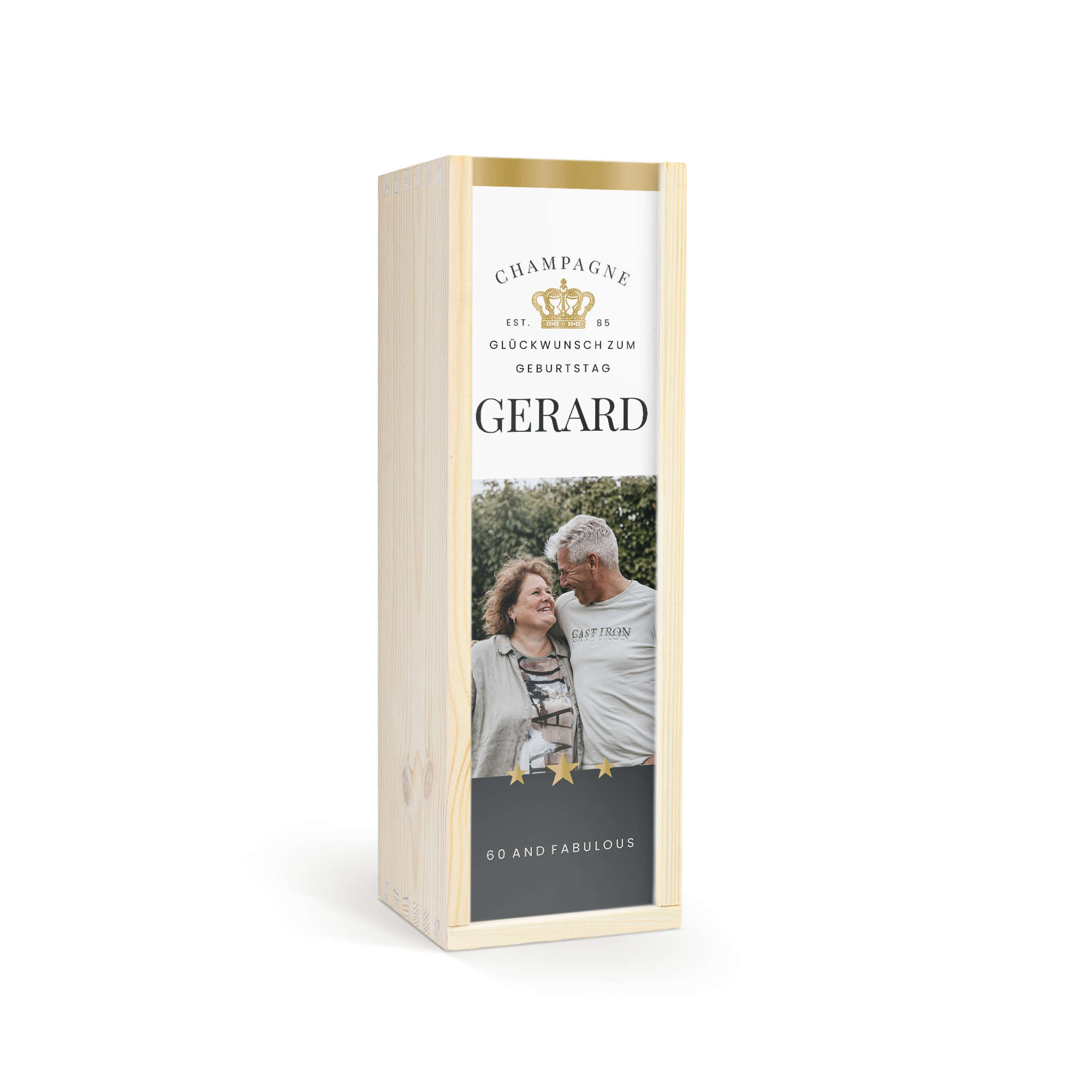 Moët & Chandon Magnum Flasche in persönlicher Holzkiste, bedruckt mit Foto, Text Glückwünsch zum Geburtstag und Namen Gerard