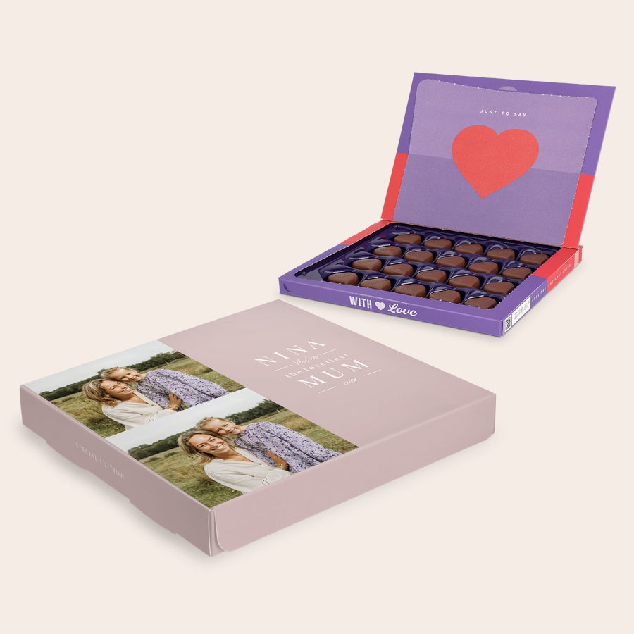 Milka Praliné Anyák napja Személyre szabott Milka csokis díszdoboz anyák napjára, anya és lánya fotójával nyomtatva