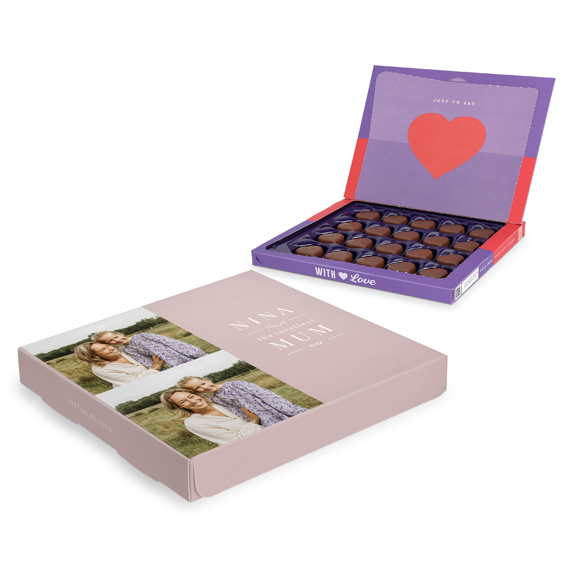 Personalized Milka chocolate gift box with two photos and "Nina You're the Loveliest Mum Ever" text.