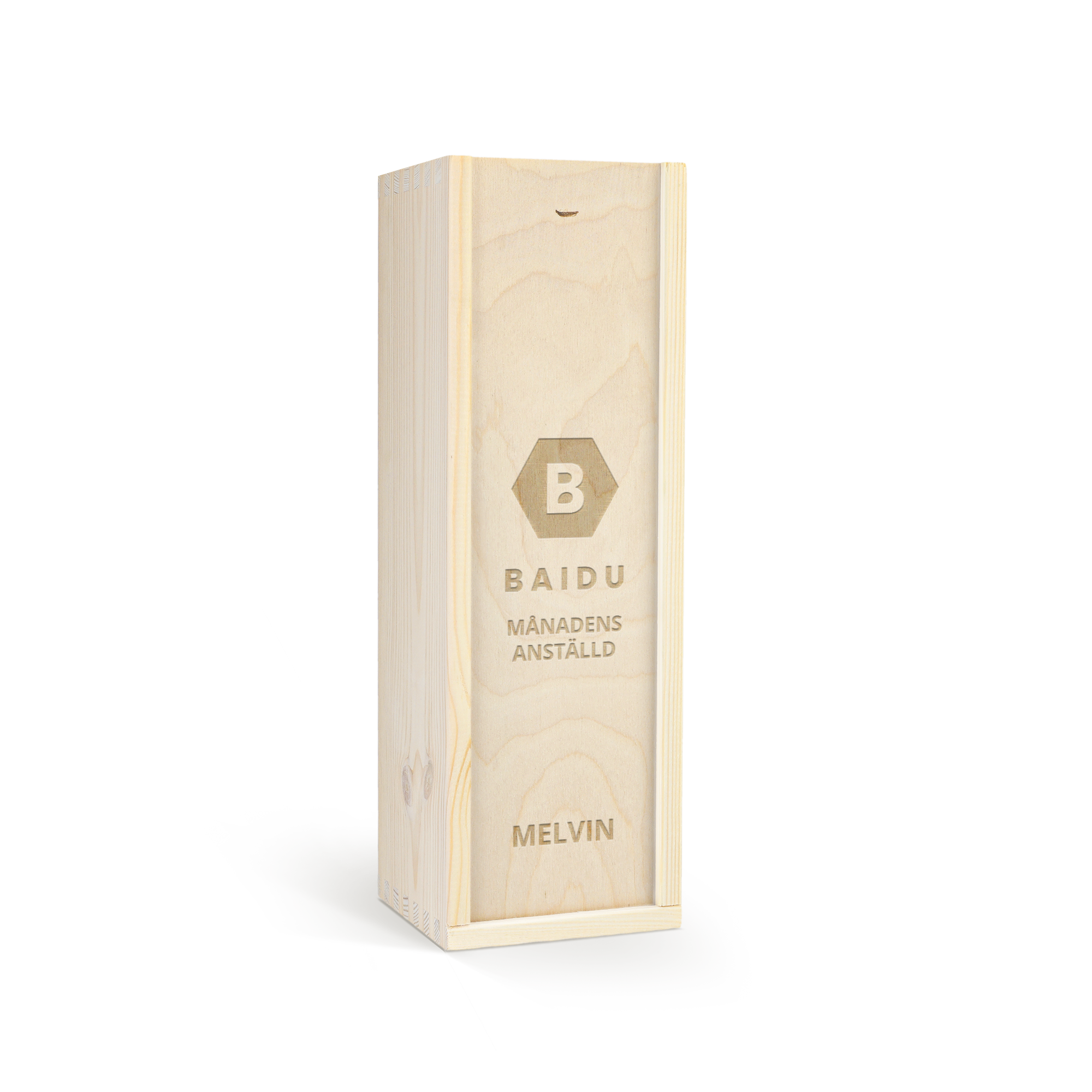 Glühweinflaska från Engelsglut i graverad trälåda med texten "Baidu Månadens Anställd Melvin"