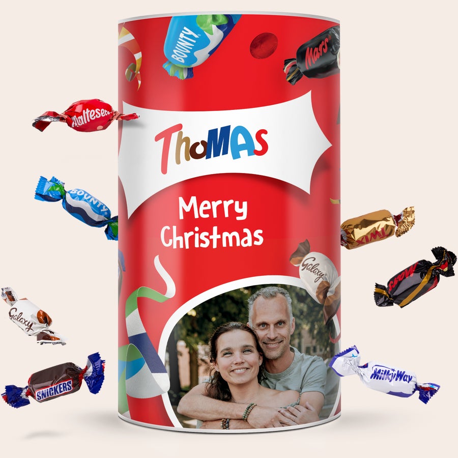 Personalised Celebrations tube Personalized Celebrations chocolate tube with a photo and the name Thomas, printed with Merry Christmas text.