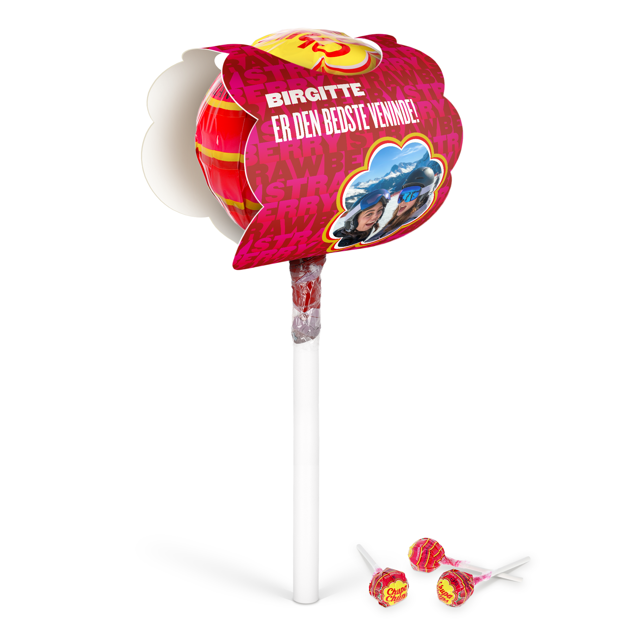 Mega Chupa Chups - personliggjort - Jordbær - 20 slikkepinde med navn og foto printet på indpakningen.