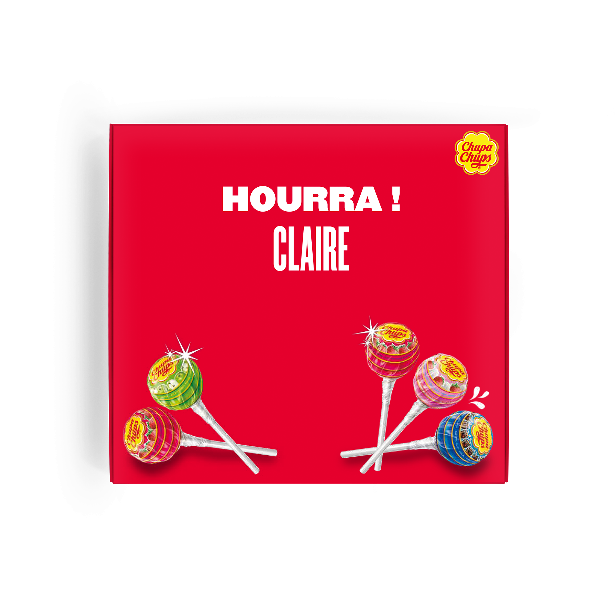 Personalisierte Chupa Chups Briefkasten-Box mit Text "HOURRA ! CLAIRE" gedruckt, um ihnen den Tag zu versüßen