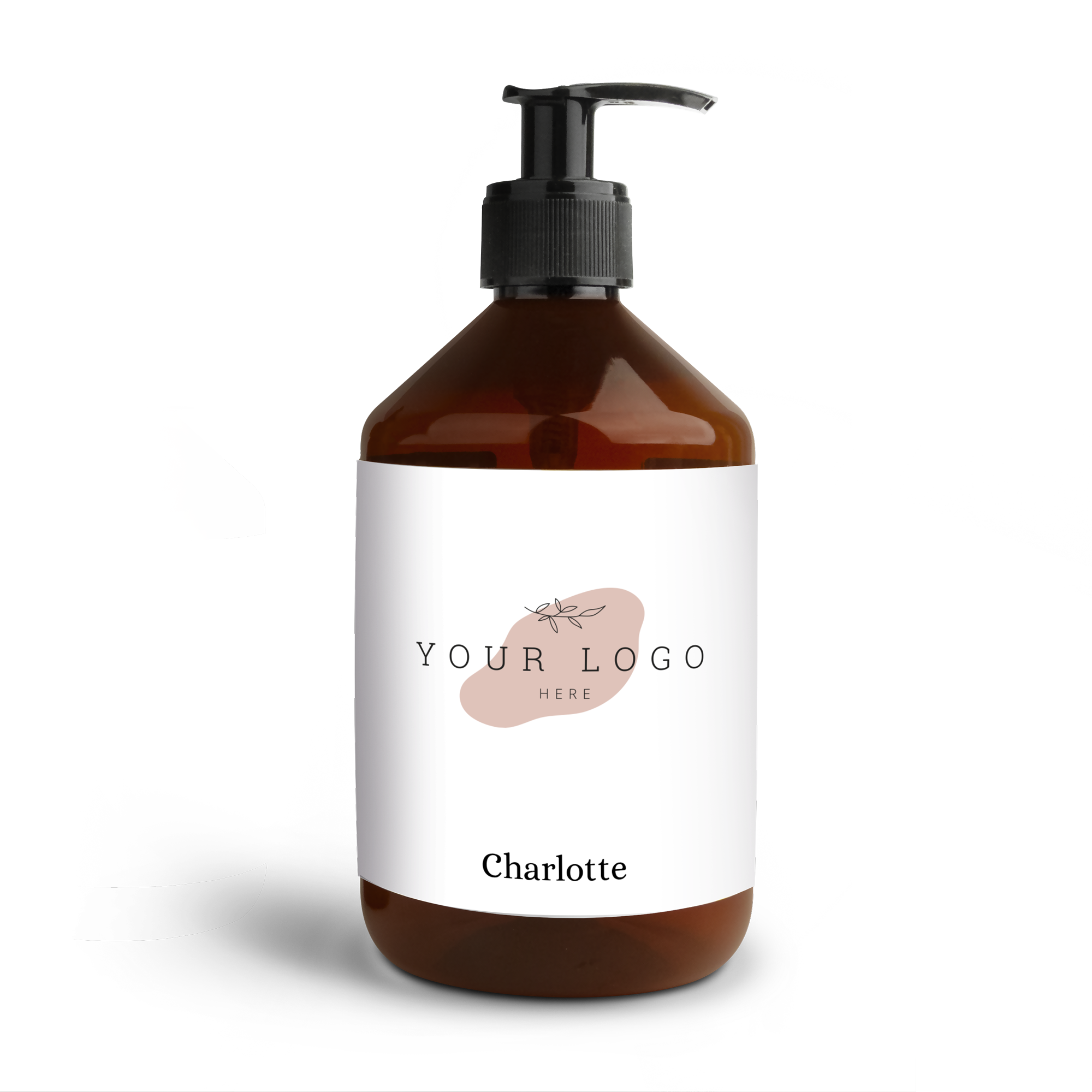 Personlig håndsåpe med "Charlotte" og et tilpasset logo trykt på flasken