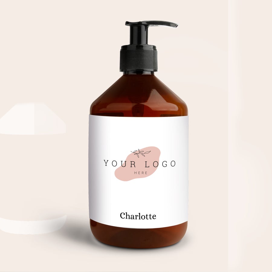 Săpun de mână personalizat Dozator de săpun personalizat, cu etichetă albă imprimată cu logo și numele Charlotte