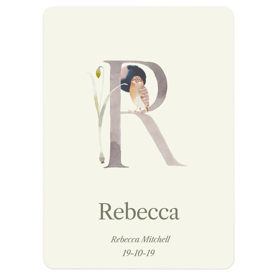 Letra Milestone R para decorar o quarto do bebê, personalizada com o nome Rebecca e data, impressa com coruja e planta