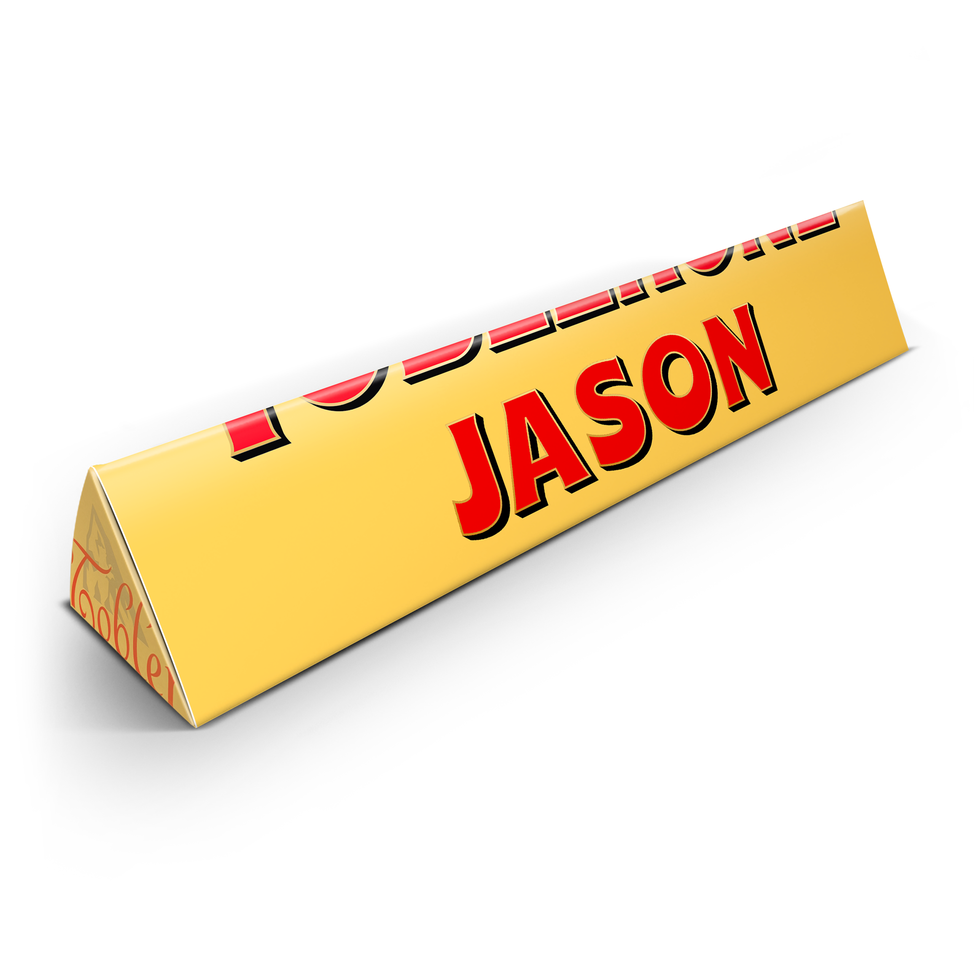 Barre de chocolat personnalisée Toblerone jaune avec le prénom JASON imprimé en rouge