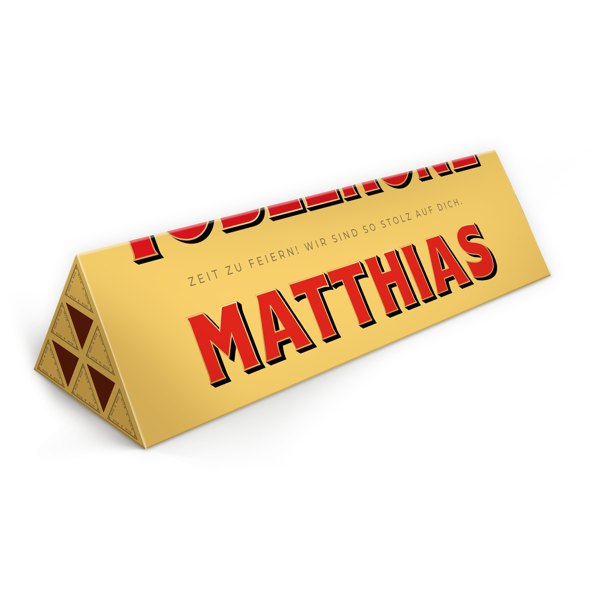 Personalisierte 1800g Toblerone-Schokolade mit dem Namen MATTHIAS und der Botschaft "ZEIT ZU FEIERN! WIR SIND SO STOLZ AUF DICH." zum Toblerone personalisieren - 1800 Gramm.