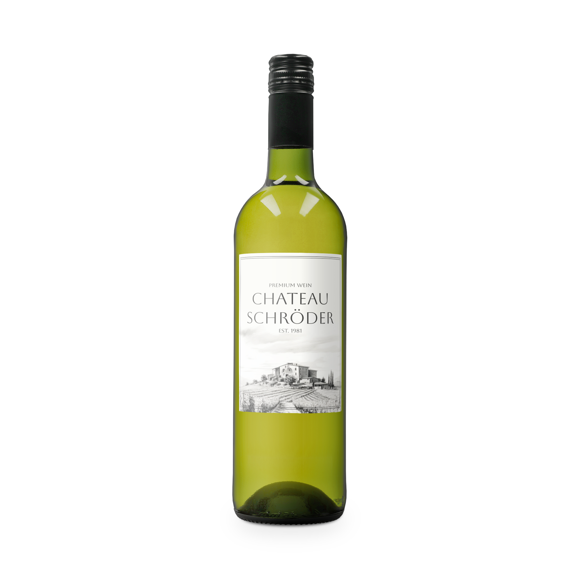 Flasche Belvy Weißwein mit eigenem Etikett bedruckt mit Chateau Schröder und Landschaftsbild