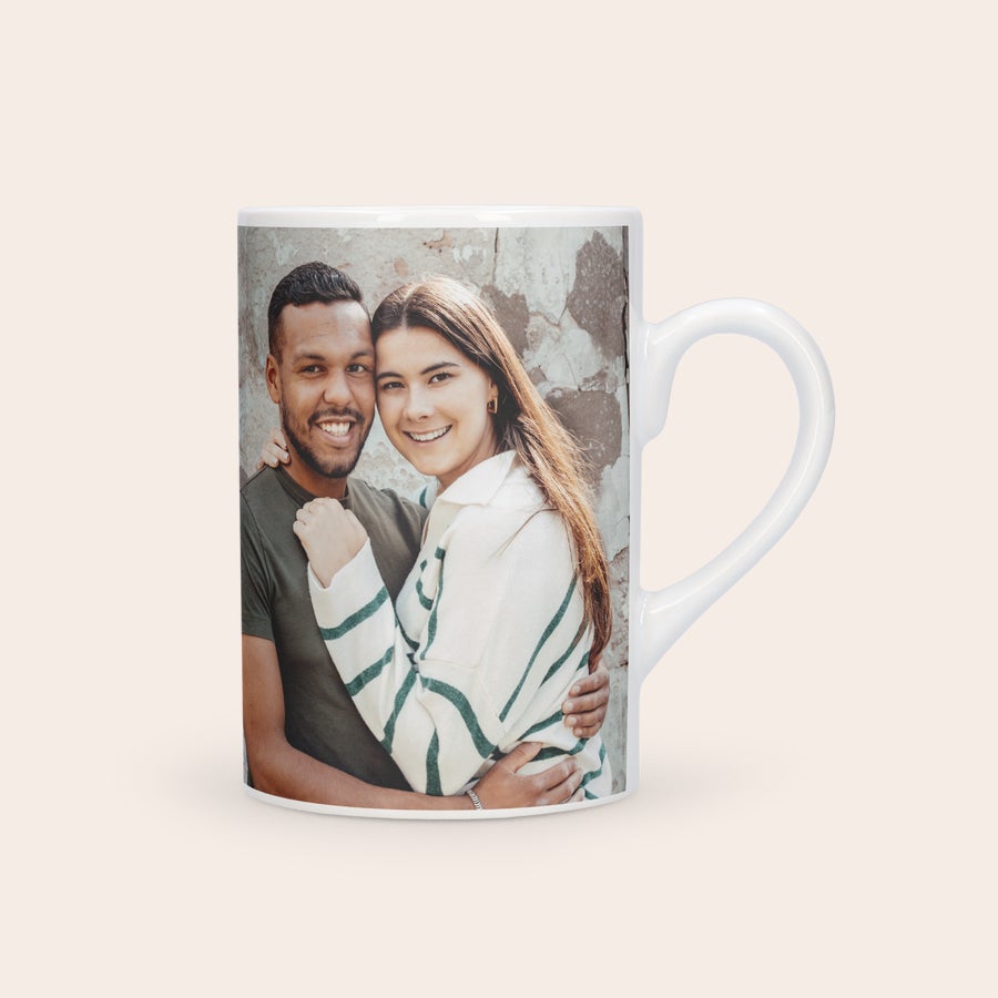 Taza de té Taza de cerámica blanca con una foto de pareja sonriente impresa, ¡Regala una taza de cerámica con foto y texto! personalizable.
