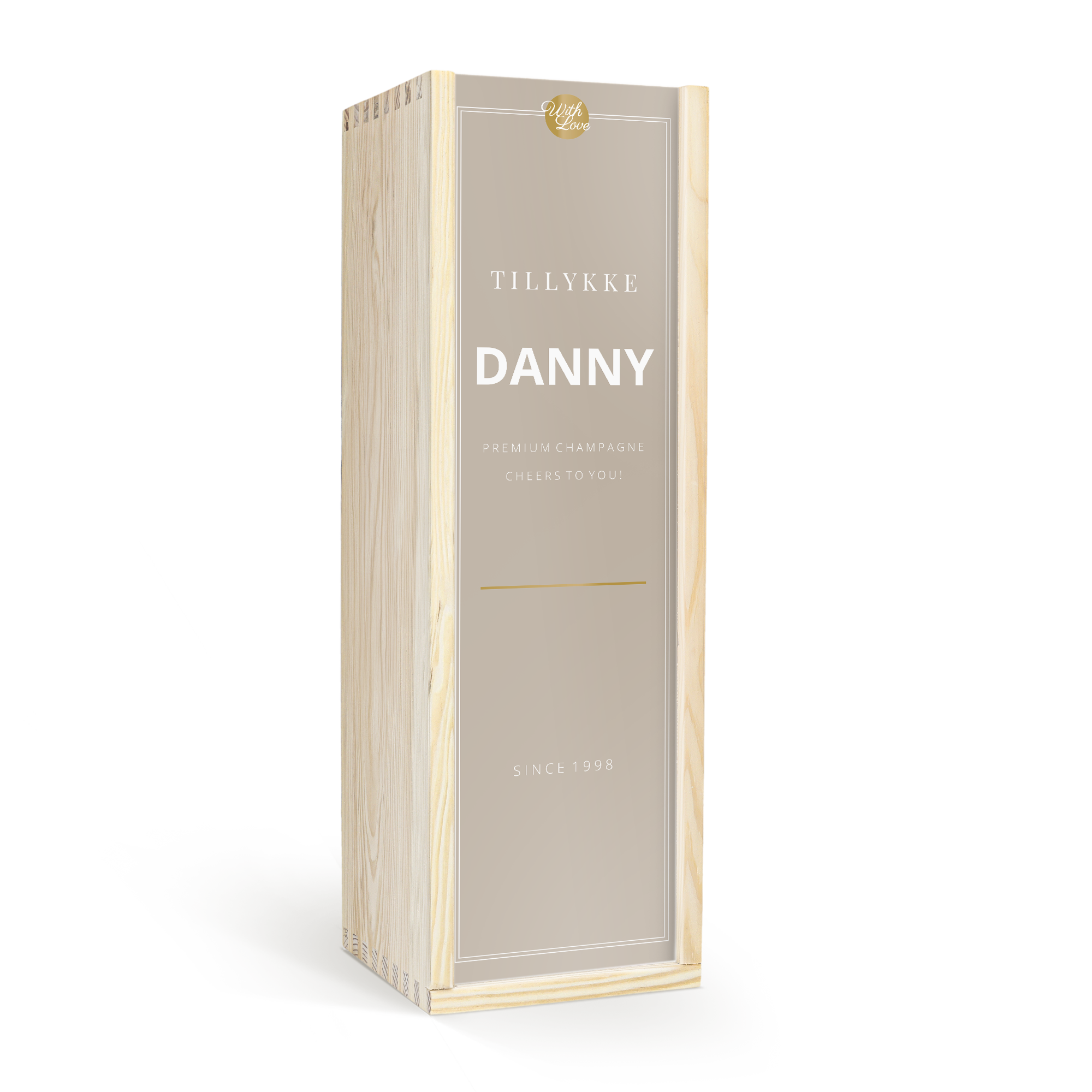 Moët & Chandon champagne i et personligt træhus, fuldfarvetryk med Tillykke Danny og Since 1998