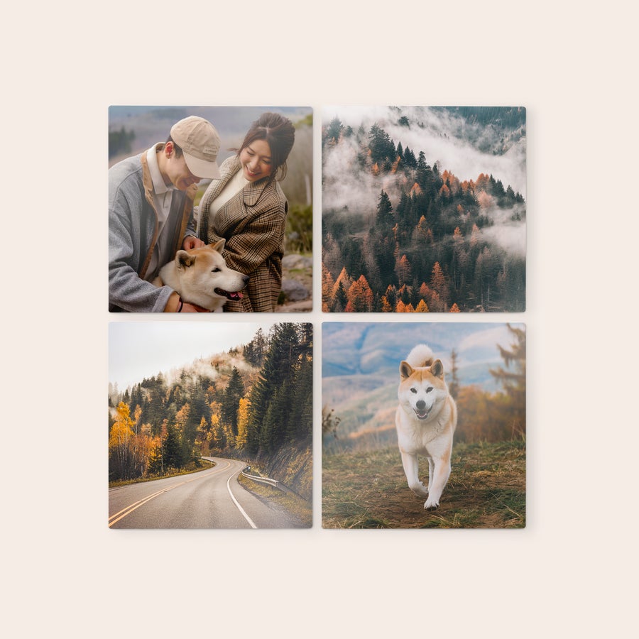 Personlig väggkonstpanel Fyrkantig träväggkonstpanel med tryckt collage av fyra foton, inklusive par med hund, dimmig skog, väg och hund som springer.