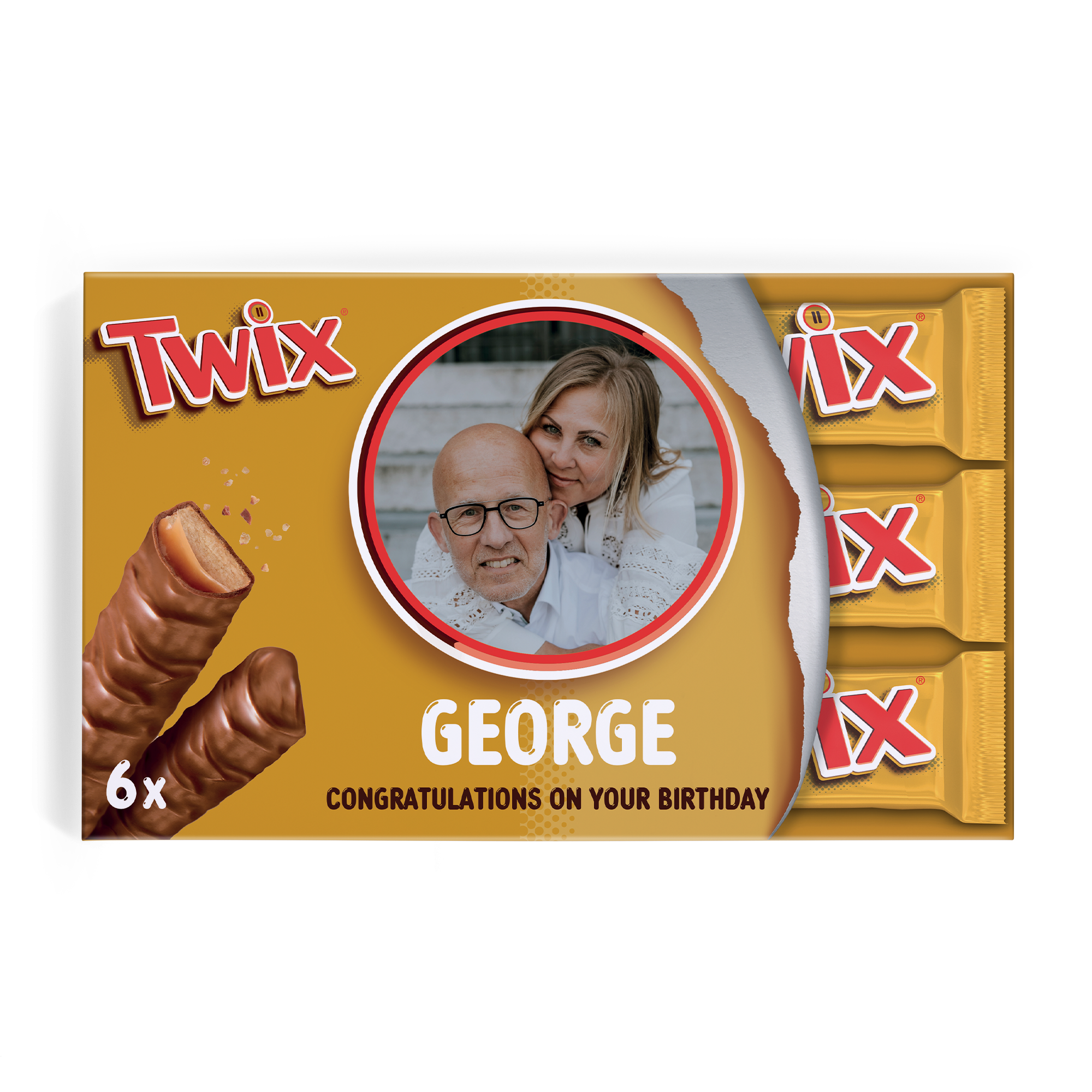 Caixa de presente Twix personalizada com foto de um casal e nome George impressos