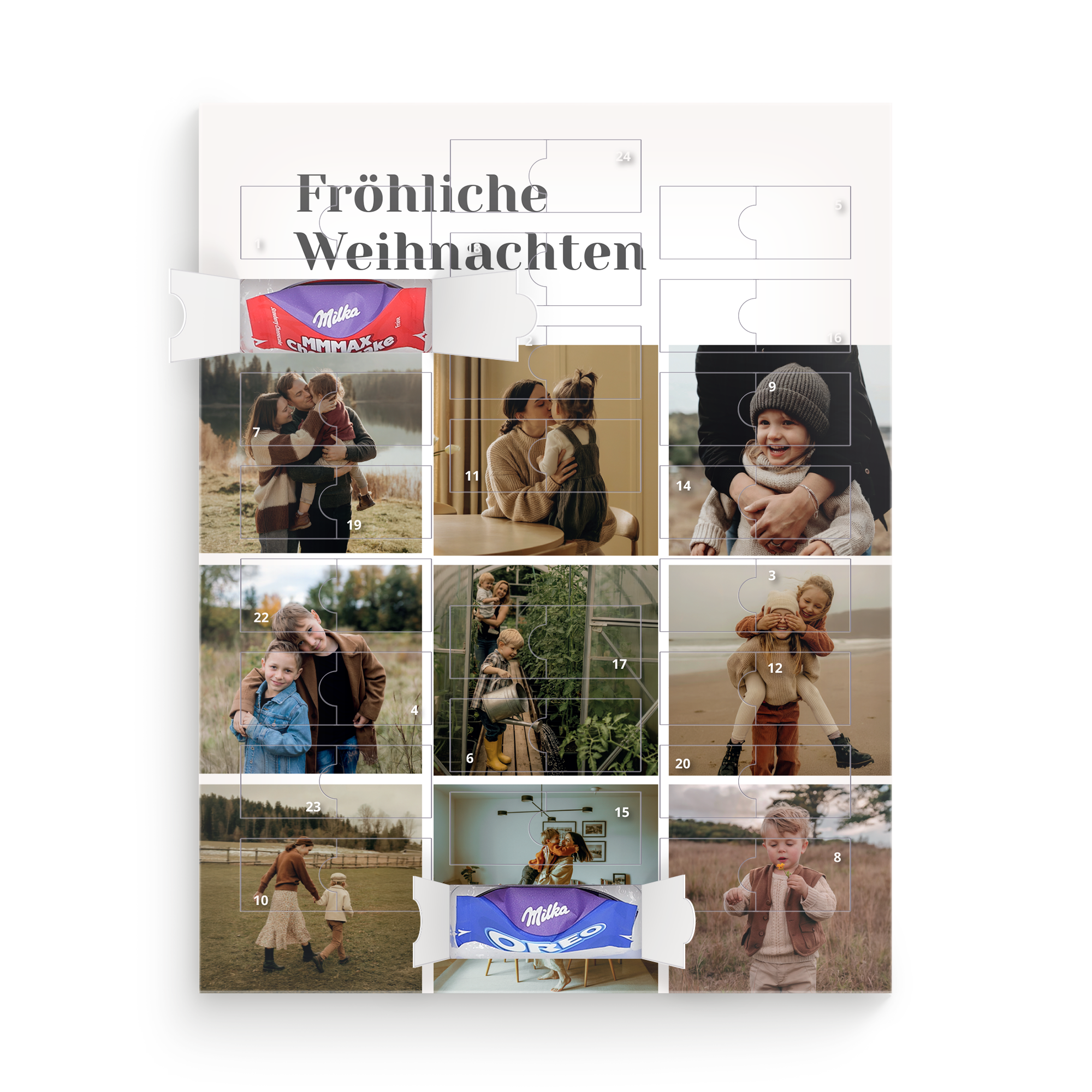Personalisierter Adventskalender gefüllt mit Milka Schokolade, mit eigenen Fotos bedruckt. Zähl bis Weihnachten runter.