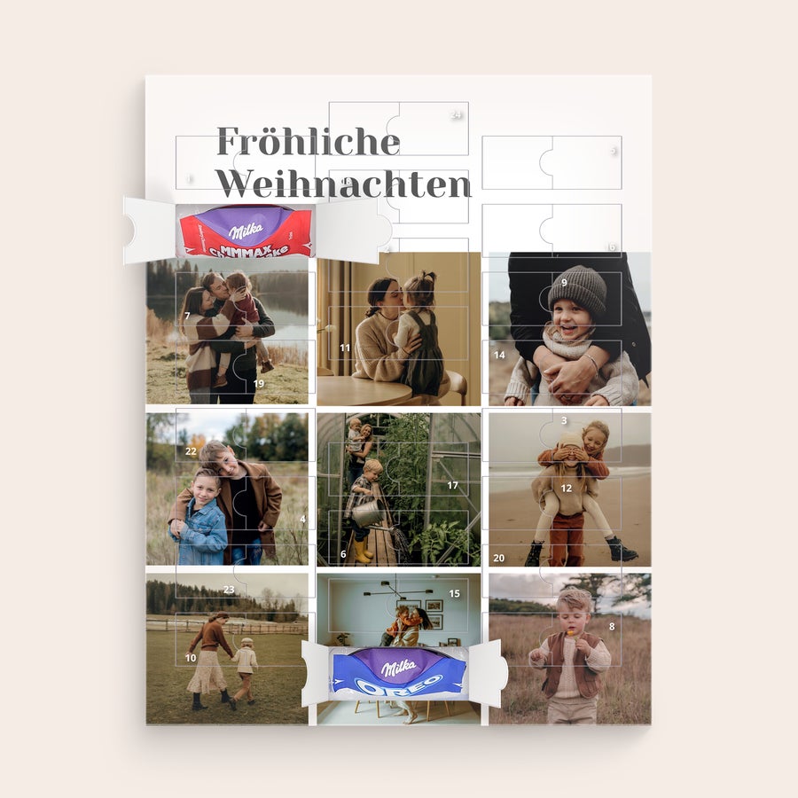 Milka Favourites Adventskalender 2025 Personalisierter Adventskalender gefüllt mit Milka Schokolade, mit eigenen Fotos bedruckt. Zähl bis Weihnachten runter.