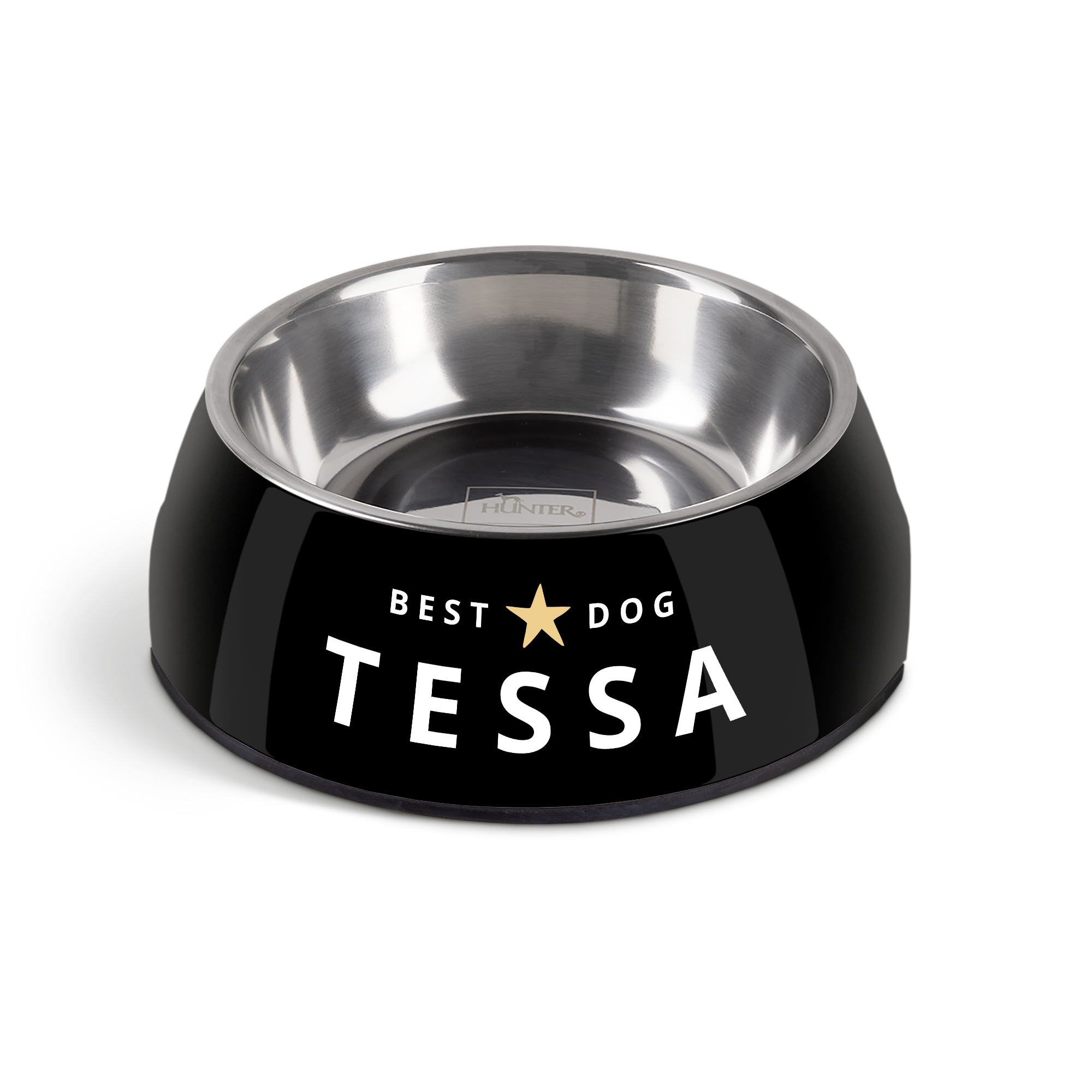 Zwarte gepersonaliseerde hondenvoerbak met de naam Tessa en tekst "Best Dog", bedrukt met goudkleurige ster. Jouw trouwe viervoeter verdient een persoonlijke hondenvoerbak met naam.
