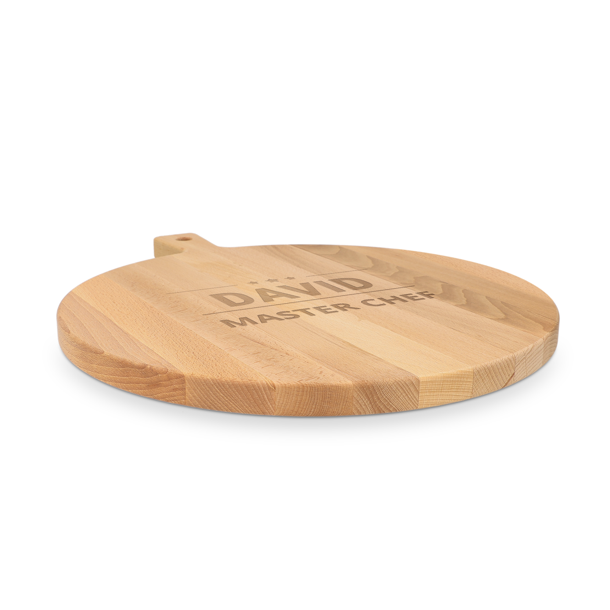 Tabla de pizza personalizada de madera, grabada con el nombre "DAVID" y "MASTER CHEF".