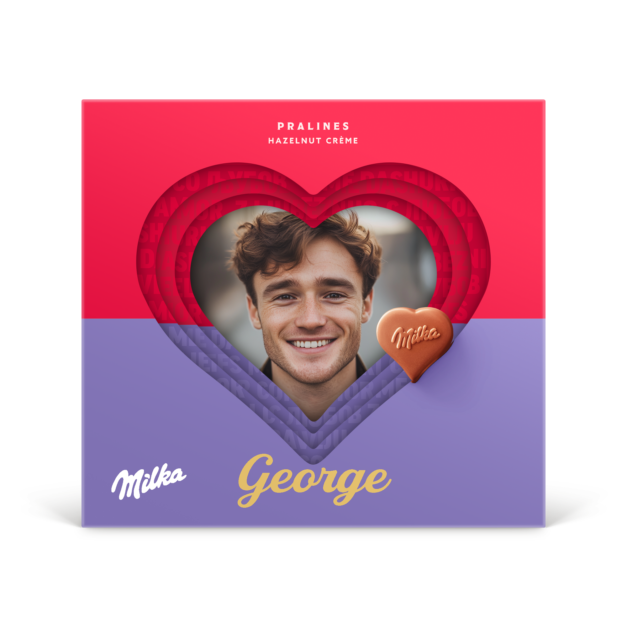 Személyre szabott Milka Hearts 3D ajándékdoboz George fotójával és nevével, szív alakú pralinékkel