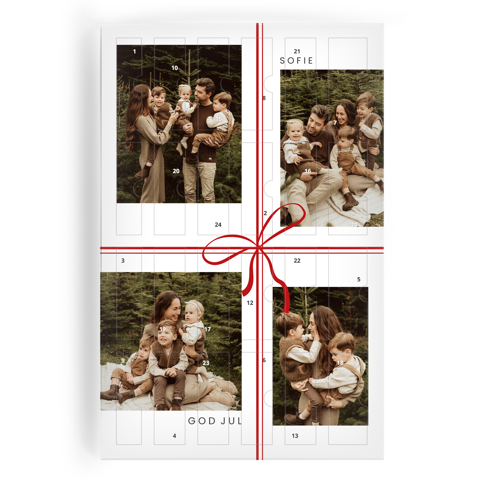 Personlig adventskalender i vitt med familjebilder och texten SOFIE GOD JUL, perfekt för en glittrig nedräkning till jul.