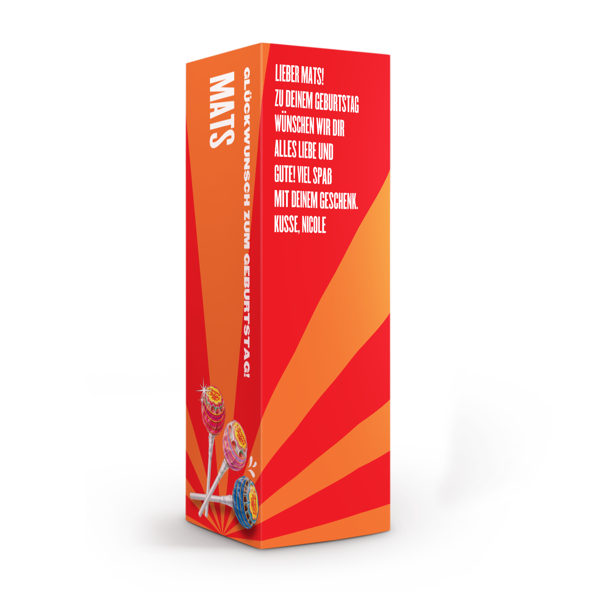 Personalisierte Chupa Chups-Geschenkbox in Rot und Orange, bedruckt mit dem Namen Mats und einer Geburtstagsbotschaft