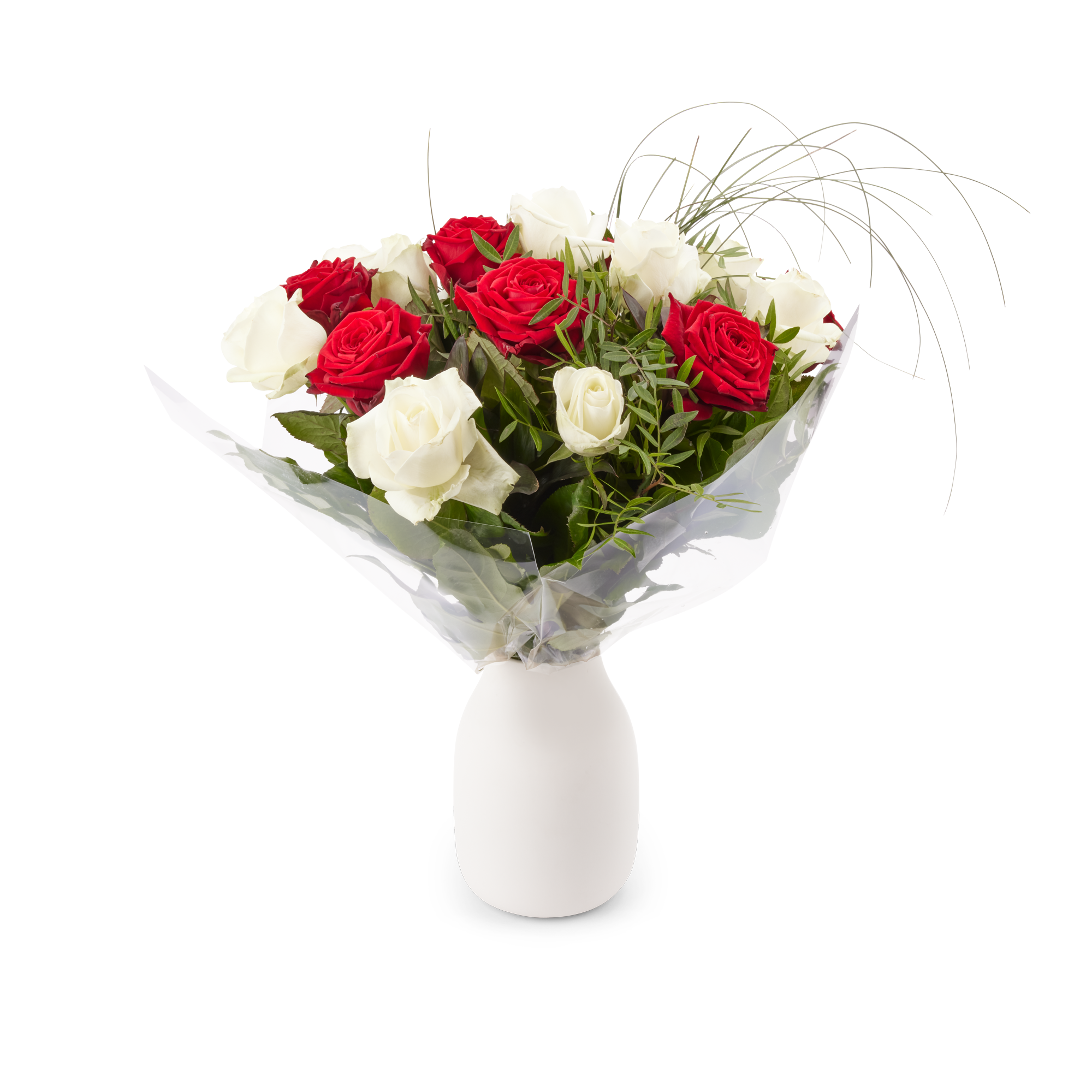 Boeket rode en witte rozen in een vaas, bezorgen met een persoonlijk cadeaukaartje