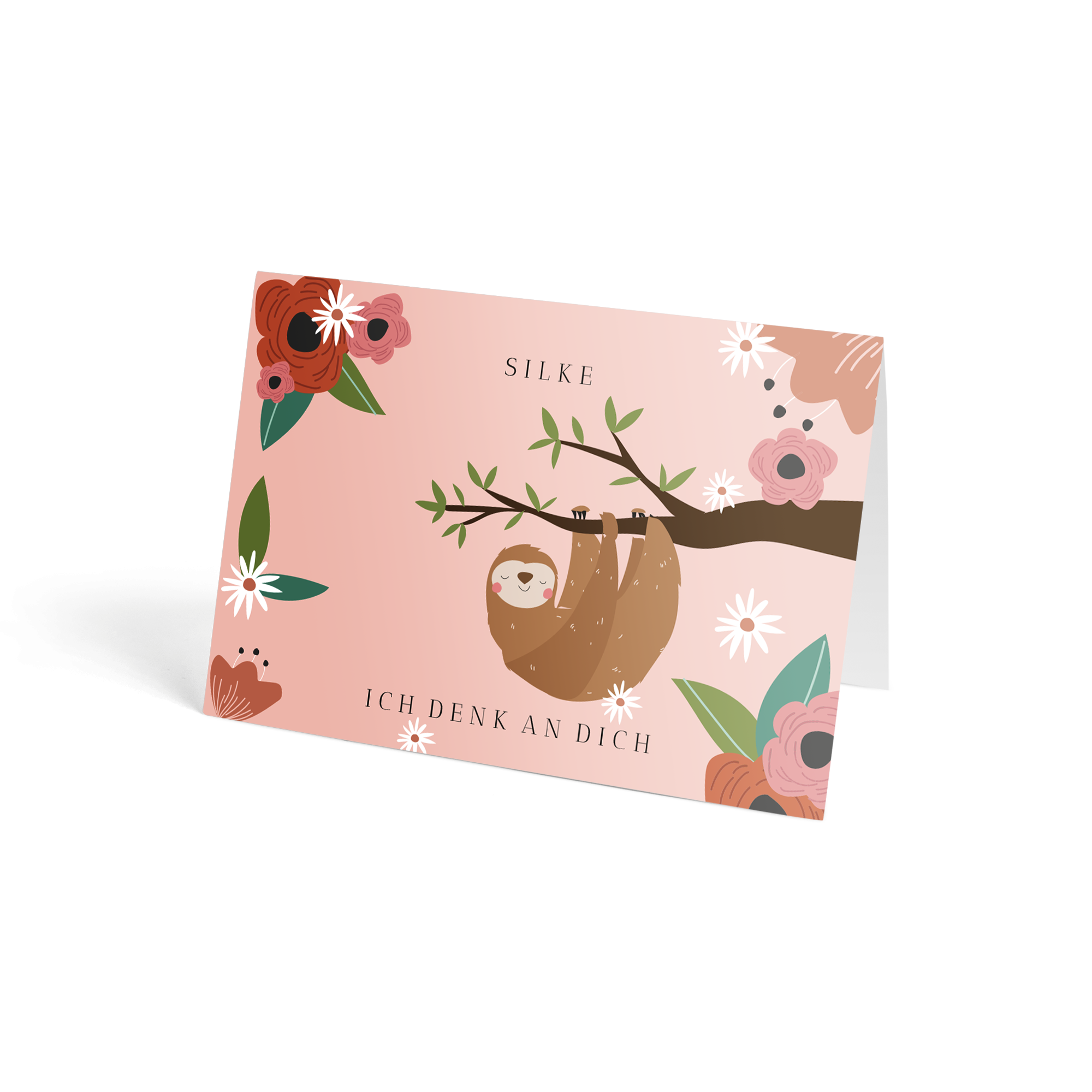 Personalisierte Karte für Briefkastenblumen mit Faultiermotiv und dem Namen Silke und dem Text Ich denk an dich