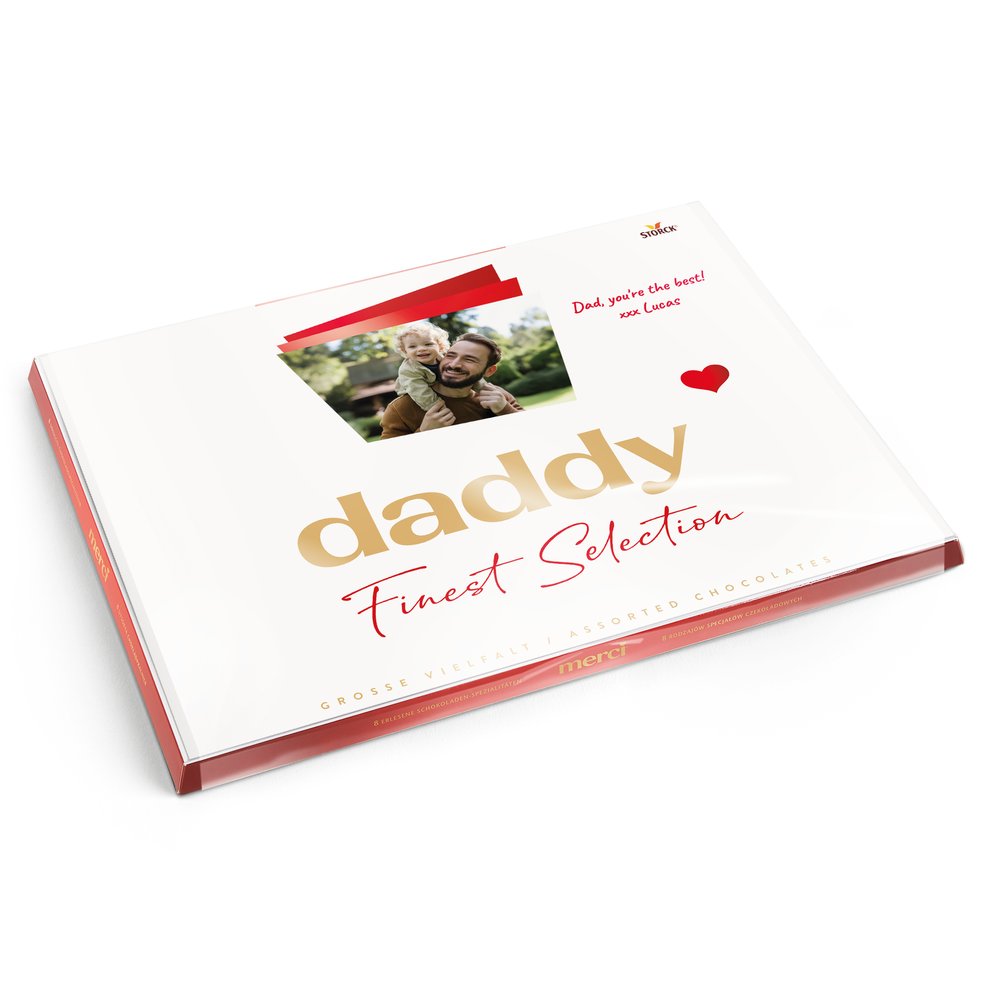 Čokoláda merci s personalizovanou kartou - 675 gramů, zdobená fotkou otce a syna a textem "Dad, you're the best! xxx Lucas".