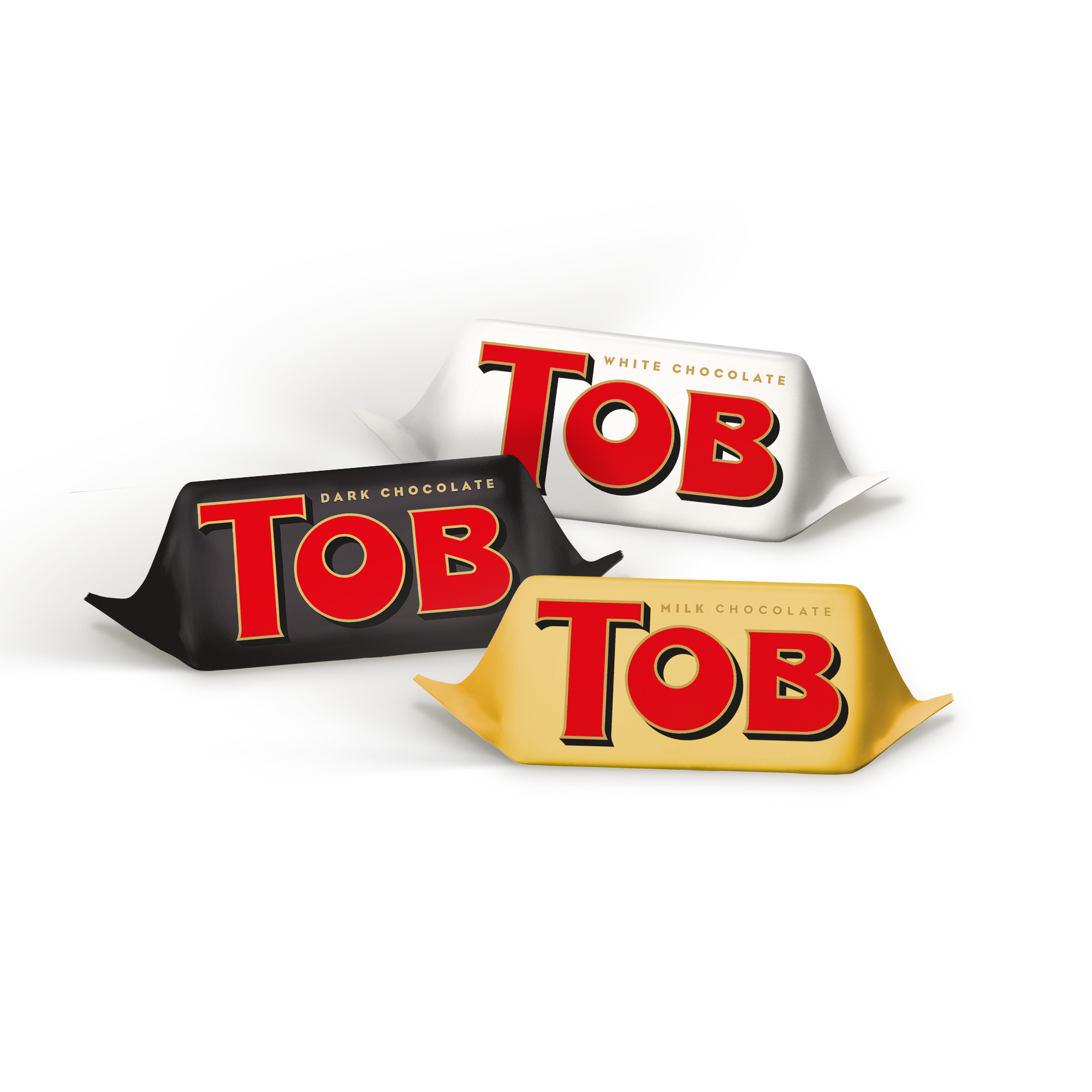 Trzy różne smaki Toblerone: biała, ciemna i mleczna czekolada, każda z indywidualnym opakowaniem.