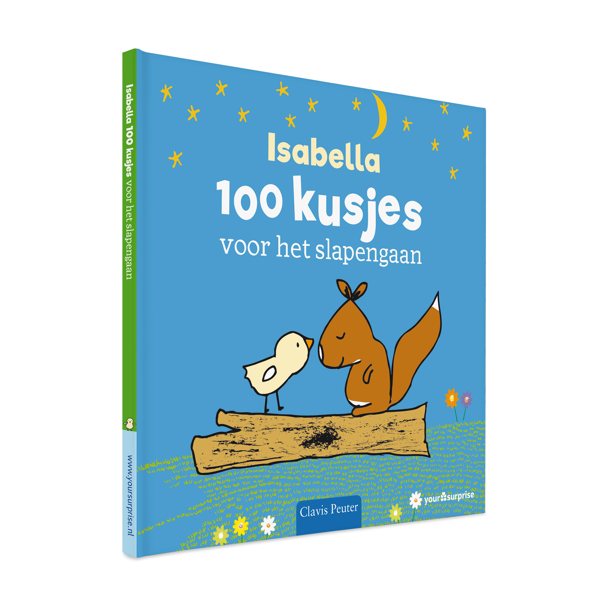 Een gepersonaliseerd Welterusten! boekje met de naam Isabella op de voorkant, gedrukt met een eekhoorn en kuikentje.
