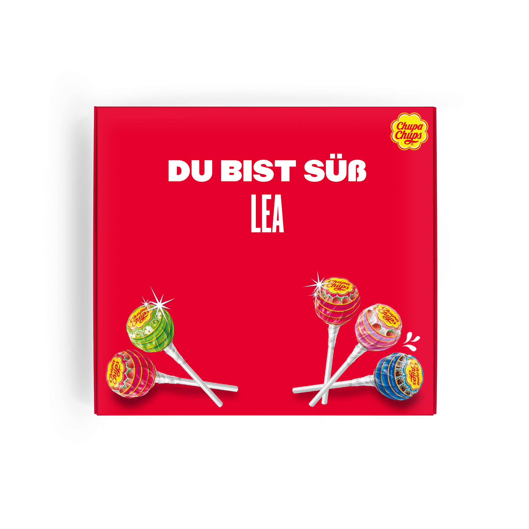 Rote Chupa Chups Briefkasten-Leckerei, bedruckt mit dem Spruch "DU BIST SÜSS LEA", verziert mit drei Lolllis unten.
