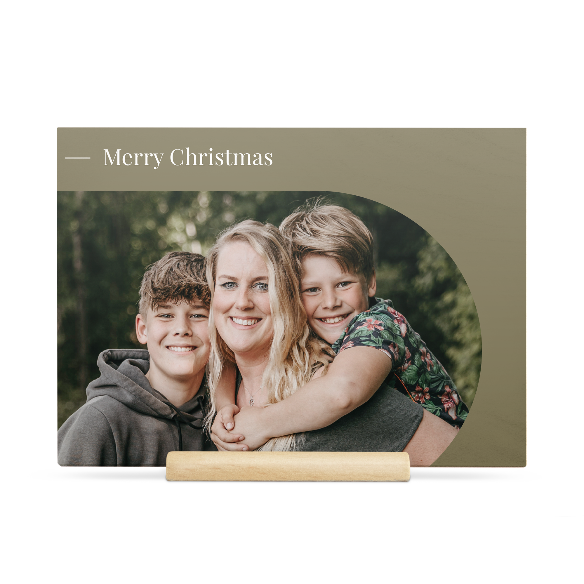Personal wooden Christmas card printed with a family photo and Merry Christmas text on a stand.