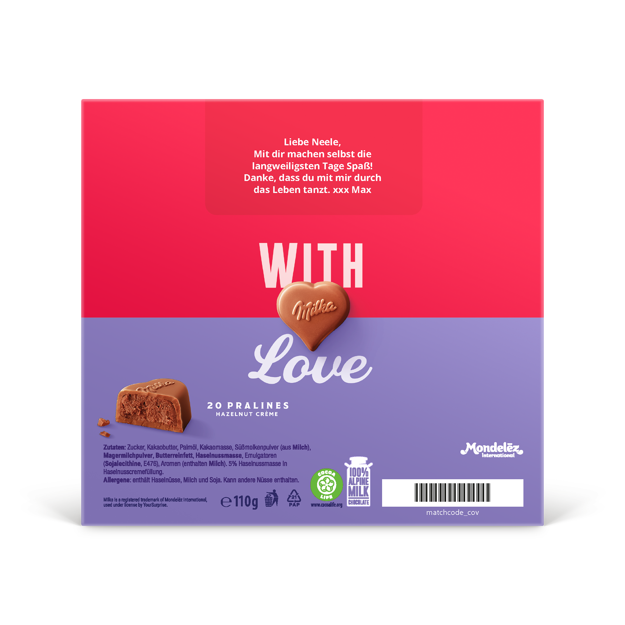 Personalisierte Milka Herzen in 3D-Geschenkbox mit individuellem Grußtext für Neele von Max.