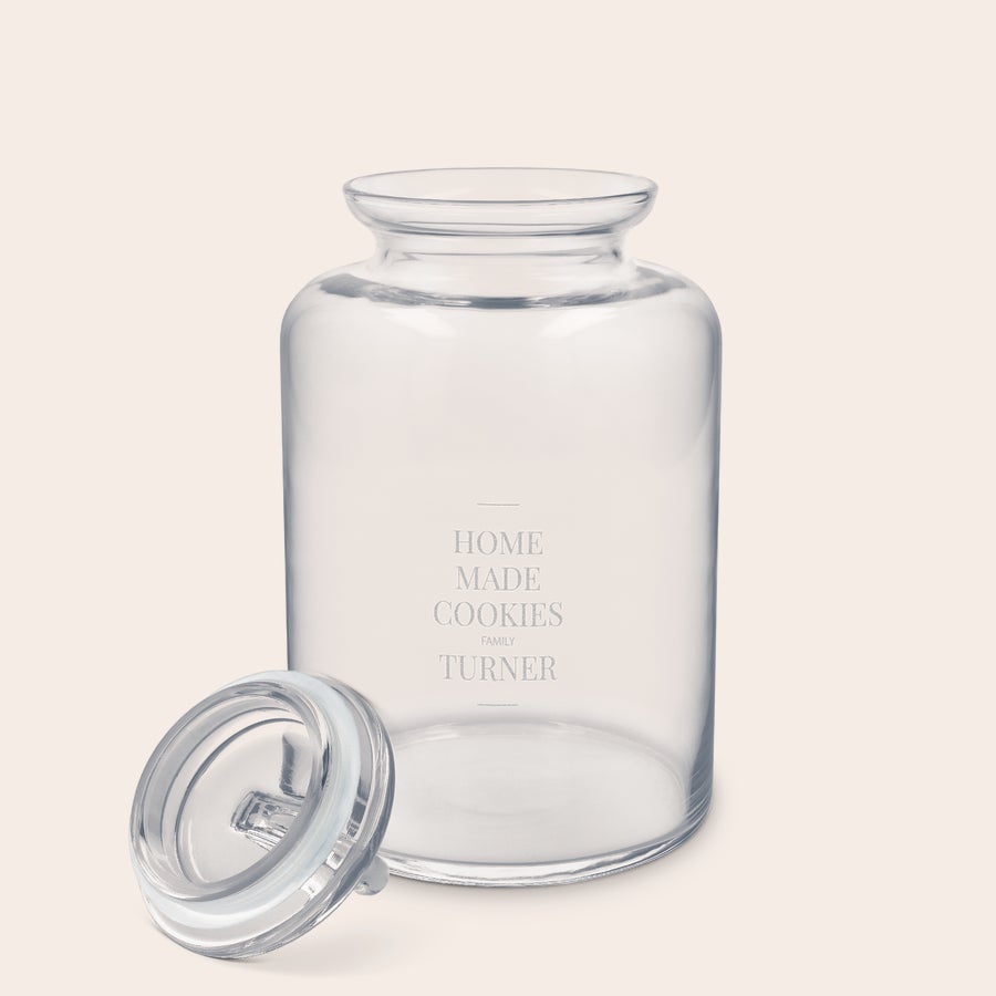 Borcan de sticlă ermetic gravat personalizat Borcan de sticlă ermetic gravat personalizat cu textul Home Made Cookies Family Turner, ideal pentru cei dragi