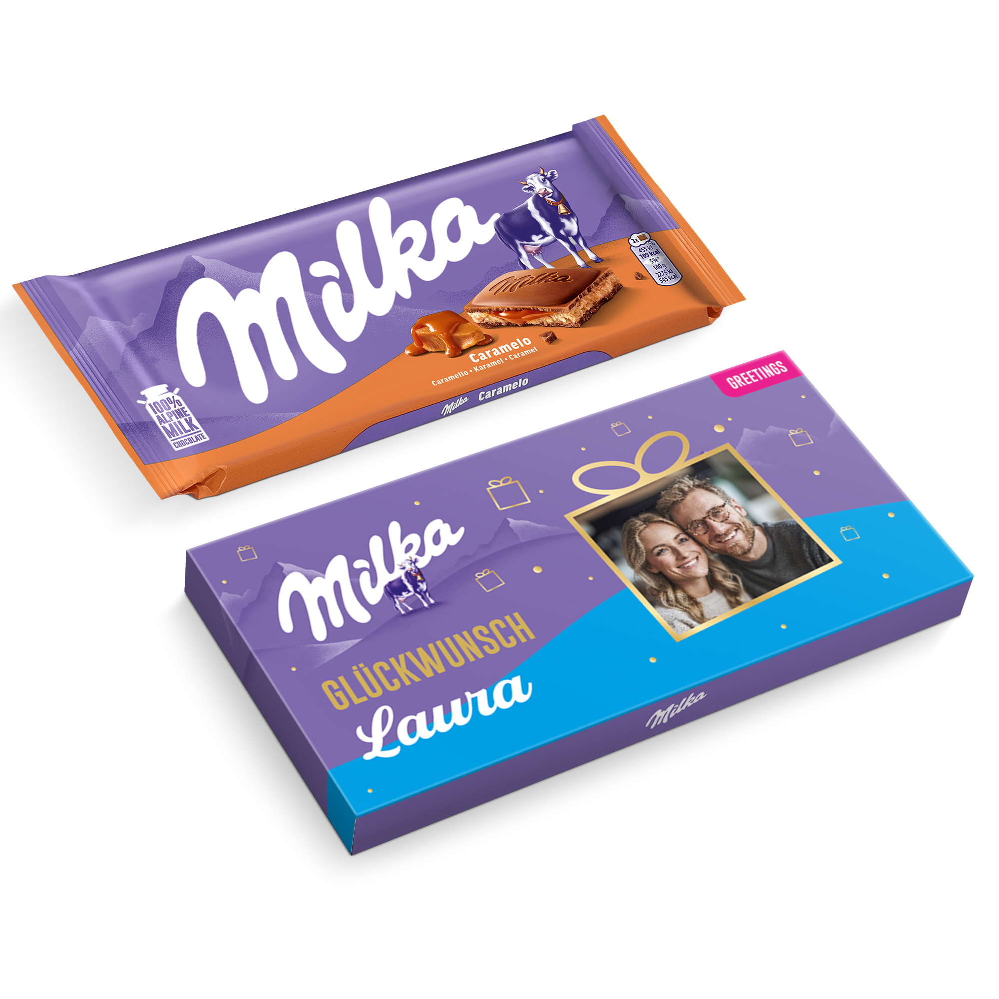 Milka-Schokoladen-Grußkarte - Karamell - Milka Design mit eigenem Foto bedruckt und personalisiertem Namen