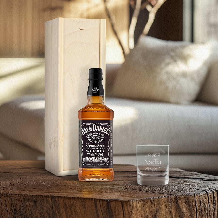 Personligt whiskysæt - Jack Daniels - Med indgraveret glas