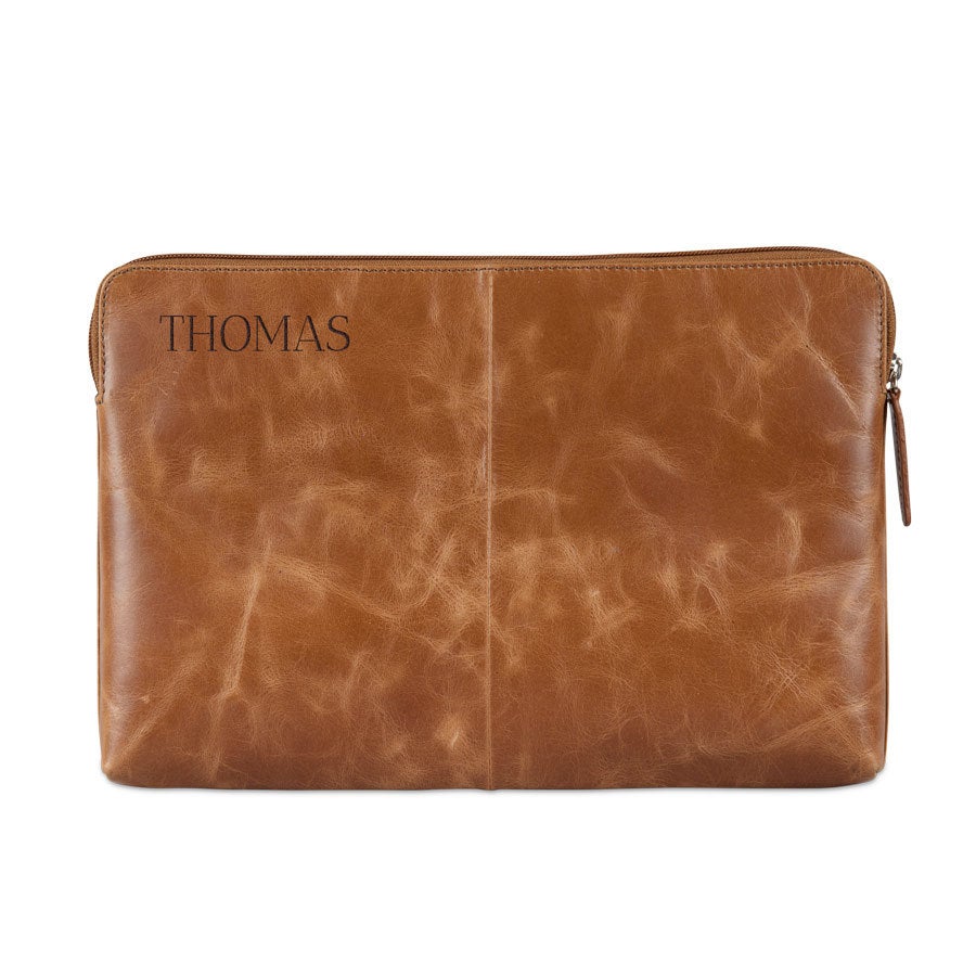 Engraved leather laptop sleeve