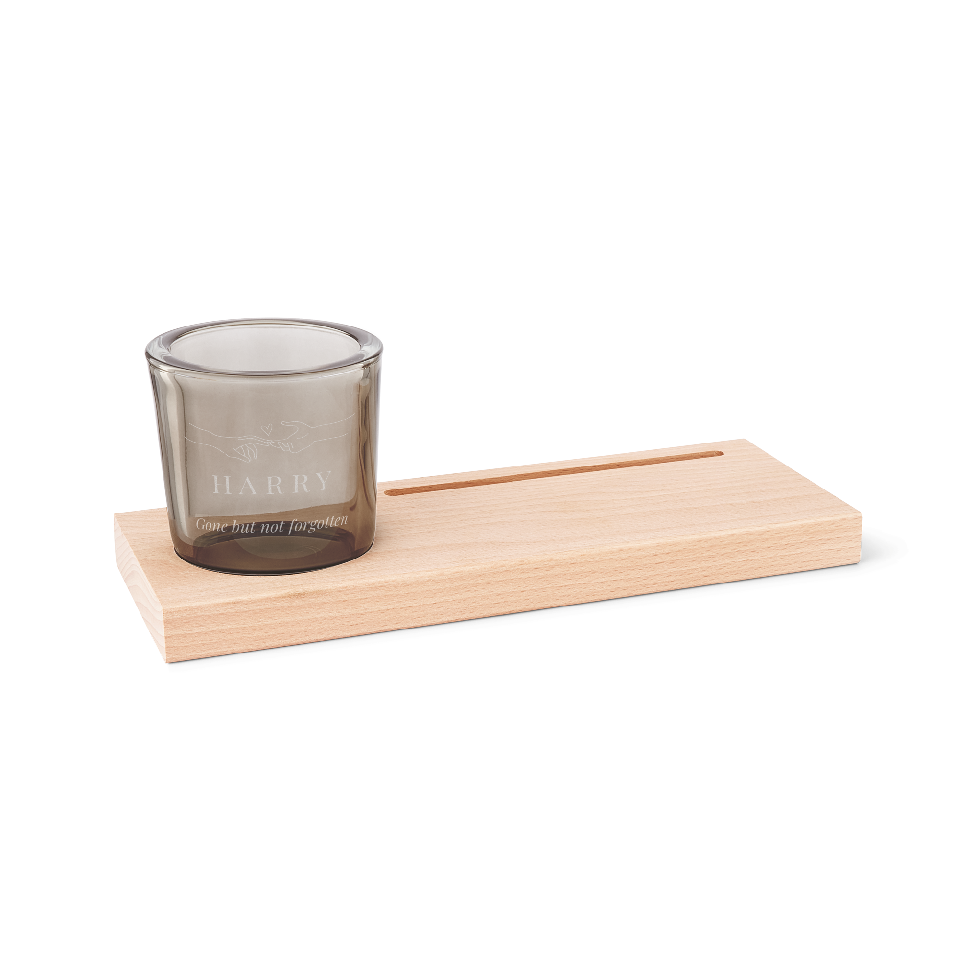 Wooden cardholder with personalised engraved candle holder