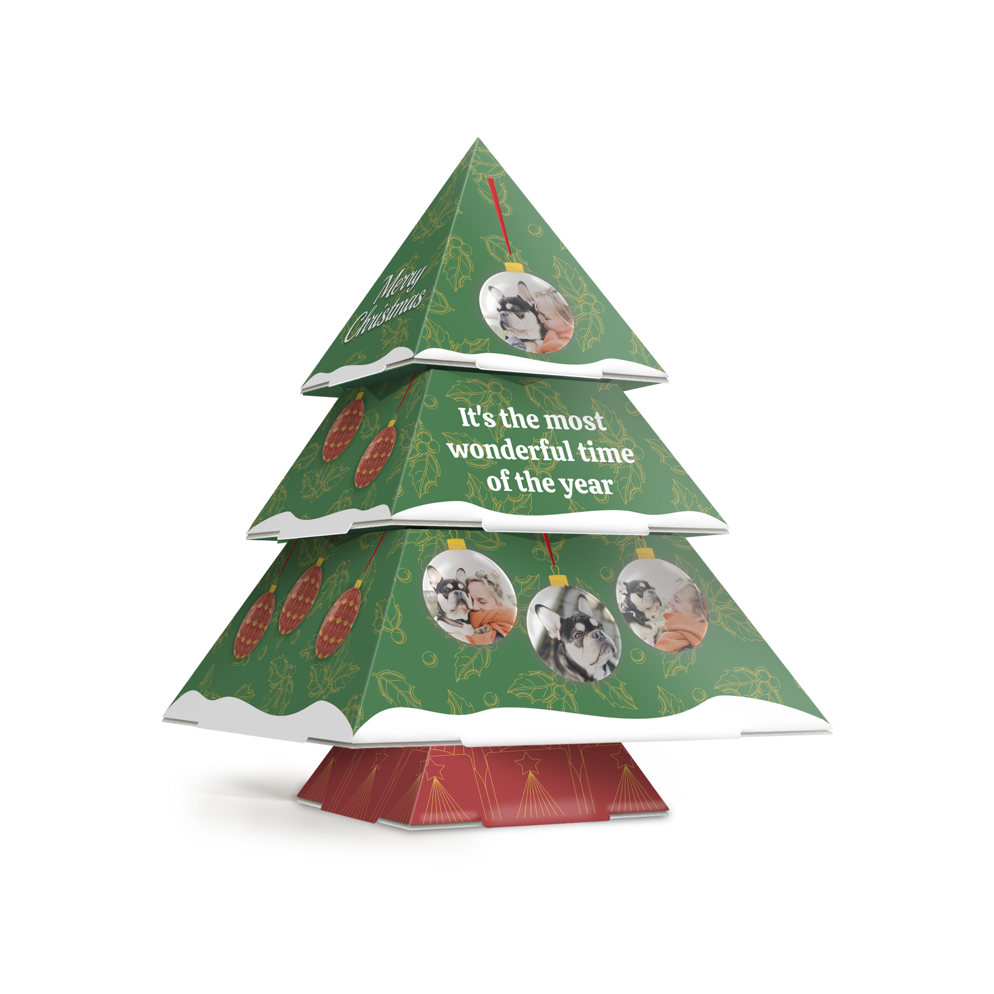 DIY papieren kerstboom bedrukt met persoonlijke foto's van honden, tekst Merry Christmas en It's the most wonderful time of the year. Vier de feestdagen met een persoonlijk tintje.