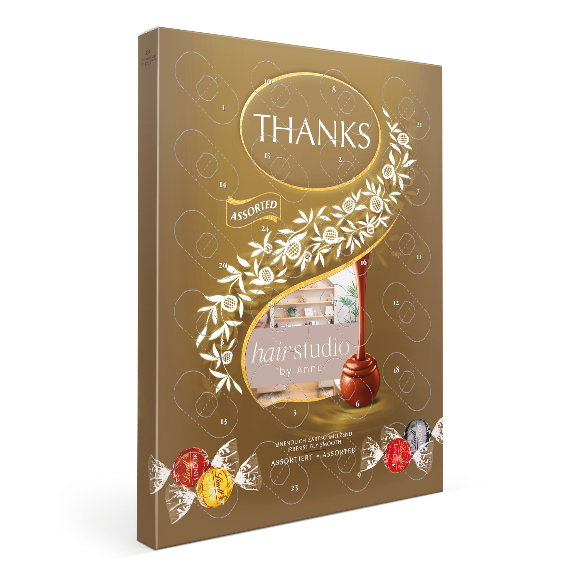 Personoitu Lindt Lindor Assorti Mix joulukalenteri omalla kuvalla ja tekstillä varustettuna kultaisessa jouluteemaisessa pakkauksessa