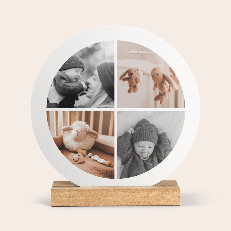 Houten fototegel personaliseren Ronde forex fototegel met geprinte foto’s van baby in houten standaard om je geliefde te verrassen