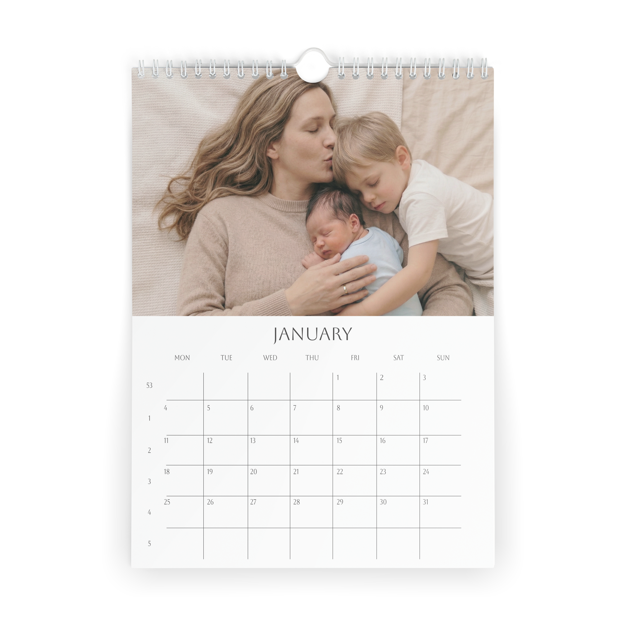 Custom Printed Calendar for 2026 - Vertical featuring a personal photo of a mother and children on January page