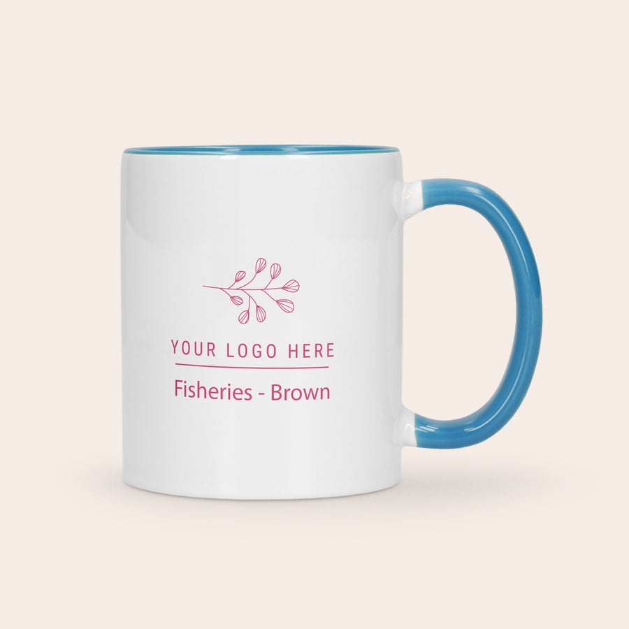 Custom Color Mug White personalised coloured mug with a blue handle and interior, printed with example logo and text. Give a coloured mug as a gift!