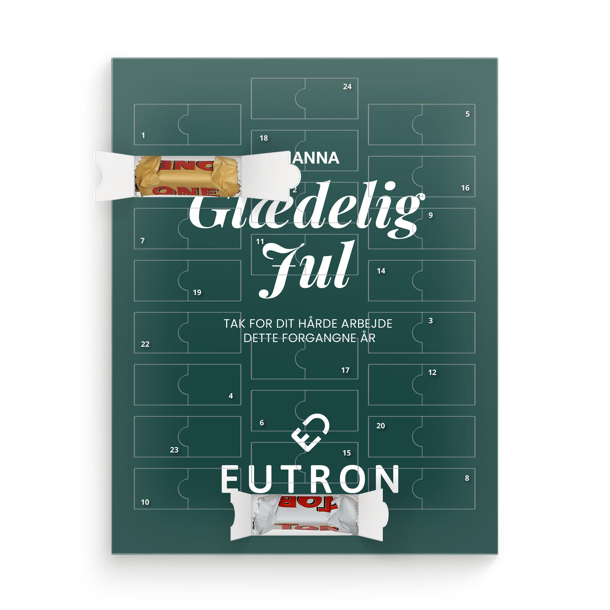 Tæl ned til jul med denne personlige Toblerone julekalender i mørkegrøn med trykt navn og tekst.