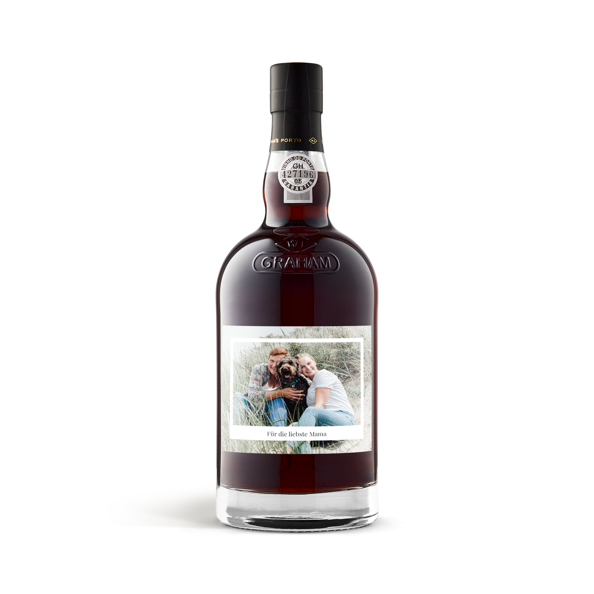 Flasche Graham's 10 Years Cask Matured Portwein mit einem Fotoetikett und dem Text Für die liebste Mama