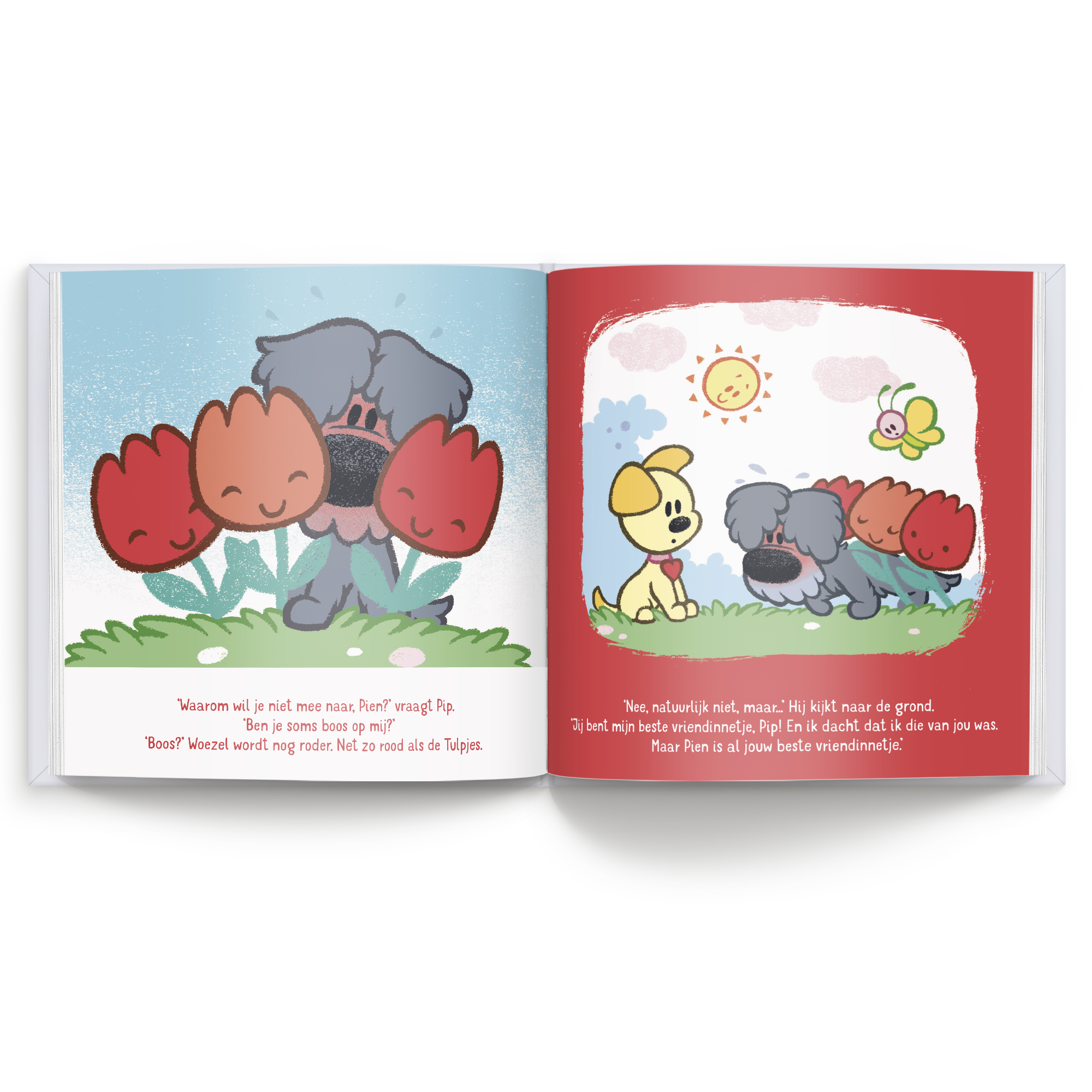 Open Boek met naam en foto - Woezel & Pip - Spelen met jou (Hardcover) met kleurrijke illustraties en gepersonaliseerde tekst.