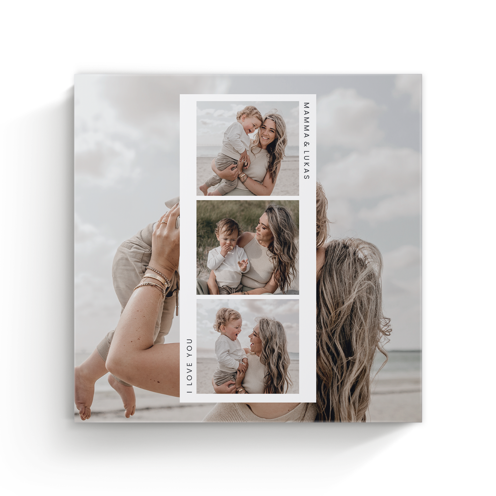 Personlig tilpasset lerretsbilde med tre collagebilder av en mor med barn, med tekst «MAMMA & LUKAS» og «I LOVE YOU» trykt på.